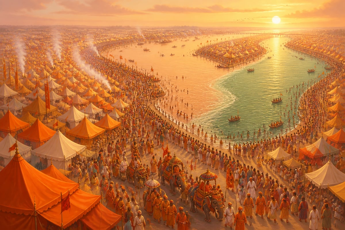 Aerial view of the Maha Kumbh tent city at the Triveni Sangam at dawn