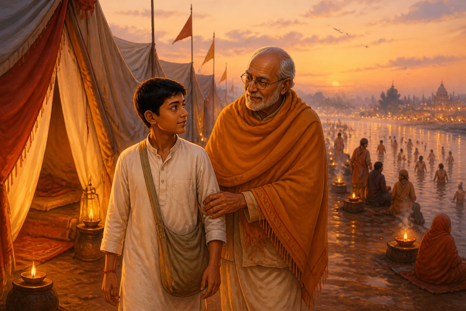 A boy walking with his dadaji through the pre-dawn Mauni Amavasya tent rows at the Sangam
