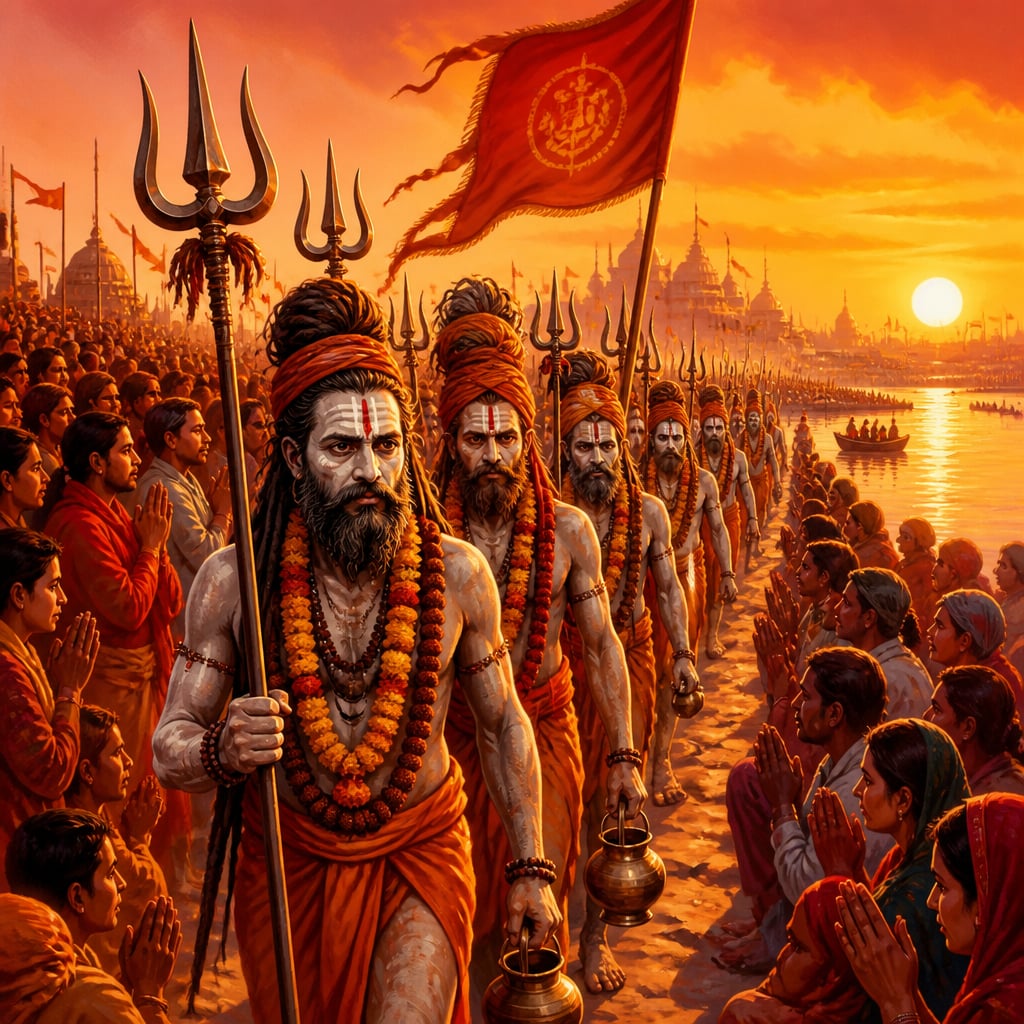 Naga Sadhus leading the shahi snan procession of the Maha Kumbh at Prayagraj