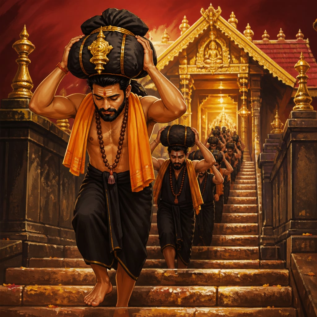 An Ayyappa pilgrim climbing the eighteen sacred steps with the irumudi on his head