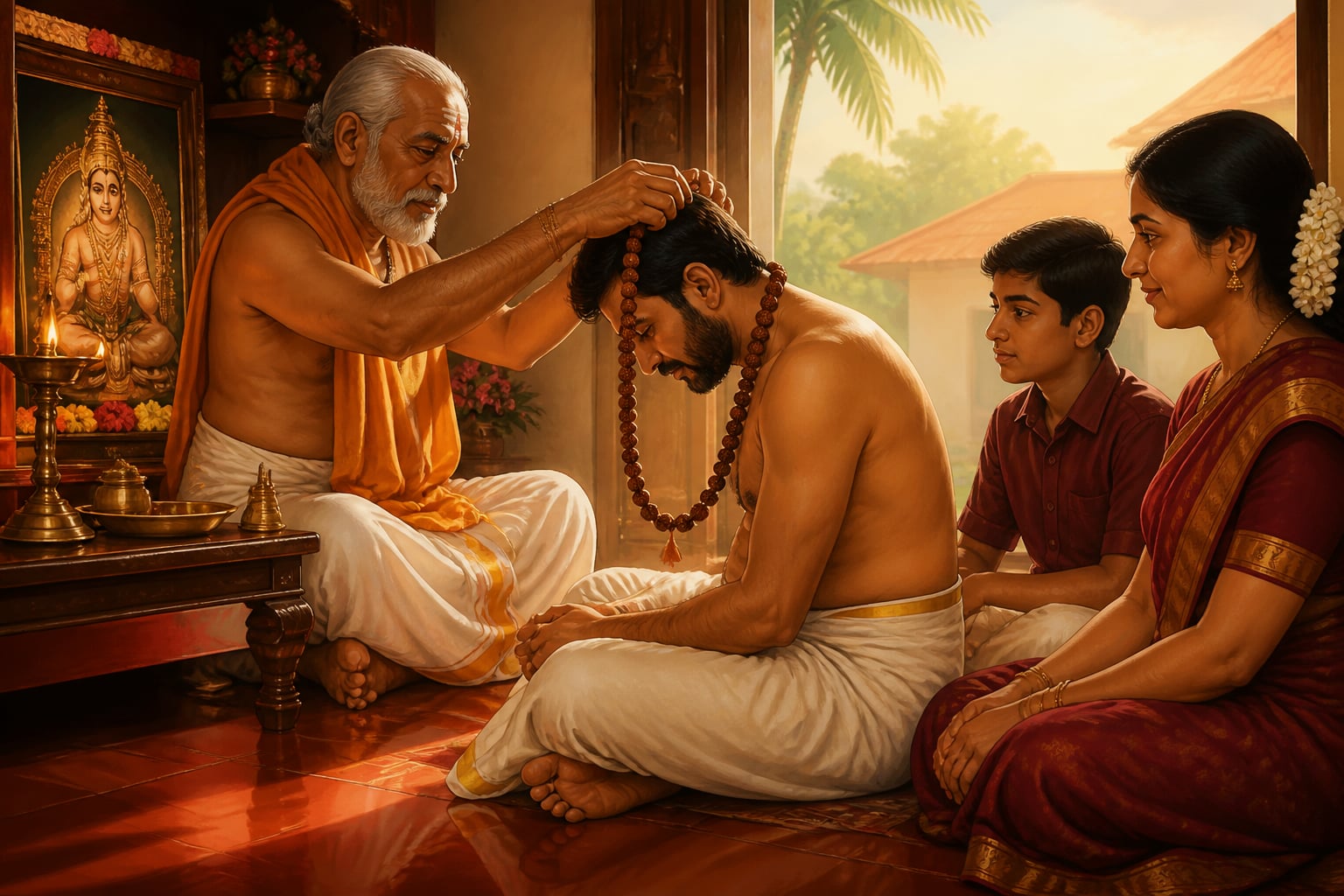 A family priest tying the rudraksha mala at a household altar in Coimbatore