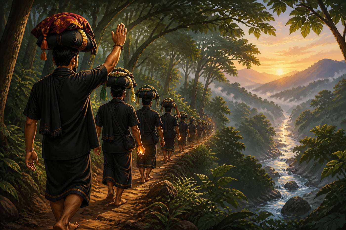 Black-clad pilgrims trekking up the Pamba forest path before sunrise