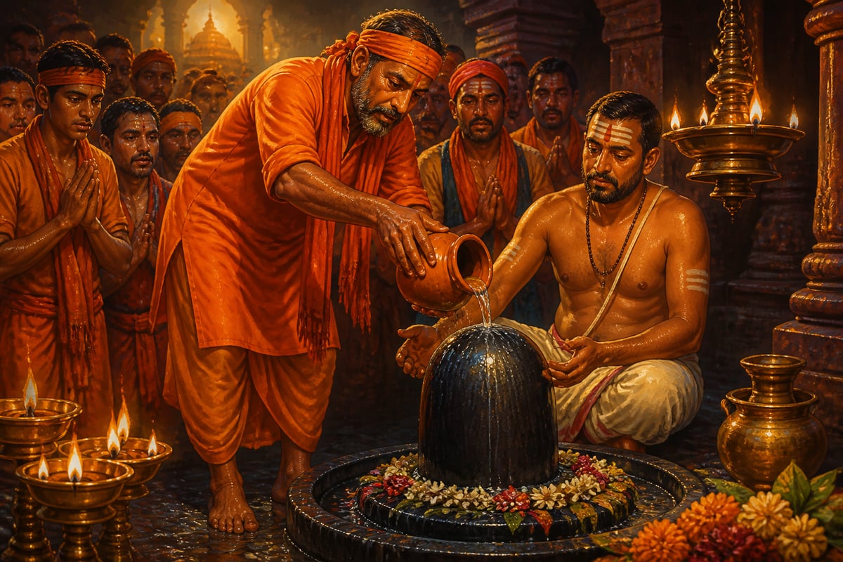 A Kanwariya pouring Ganga water on the Baidyanath Jyotirlinga at Shravana Pournima