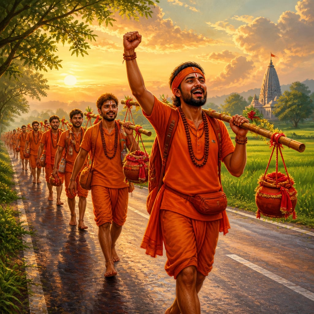 A column of saffron-clad Kanwariyas walking the Shravana highway with bamboo poles