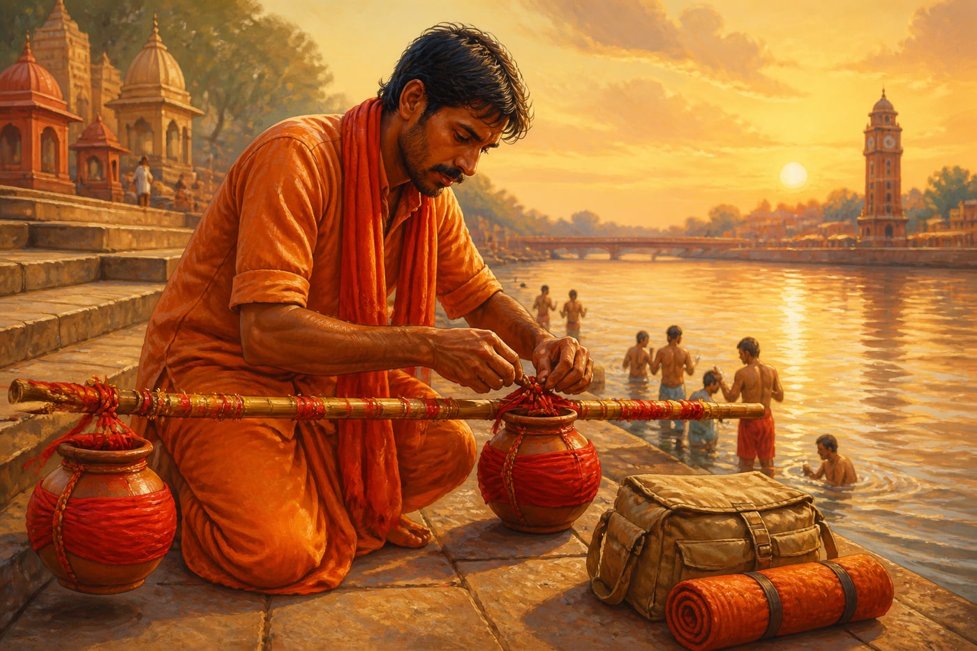 A Bihari truck driver tying Ganga-water pots to his kanwar pole at Haridwar