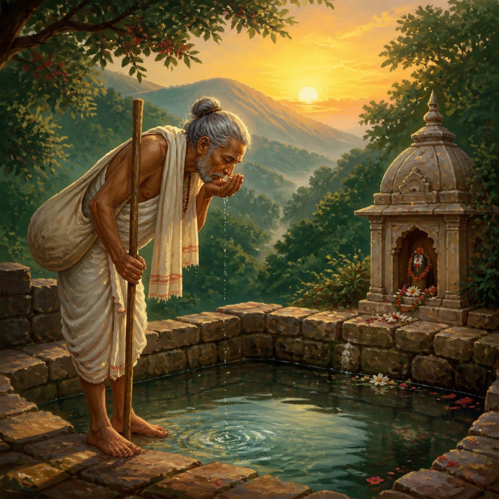 A barefoot Narmada parikrami sipping kund water at the source at Amarkantak