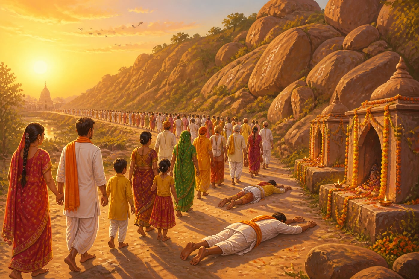 Devotees circumambulating the Govardhan hill on the morning after Diwali