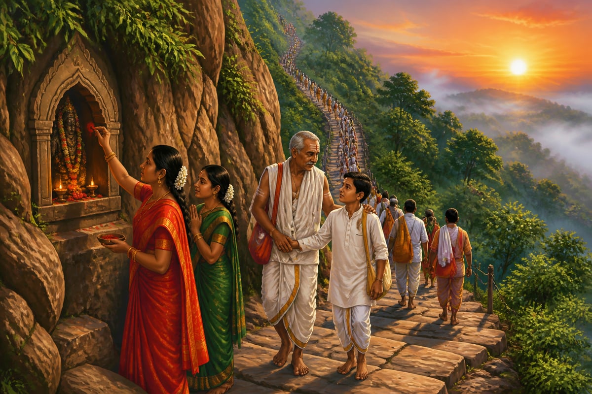 Barefoot pilgrims ascending the Tirumala hill path before sunrise