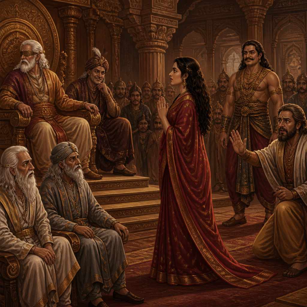 Dhritarashtra turns away as Draupadi is dragged into the Kuru court