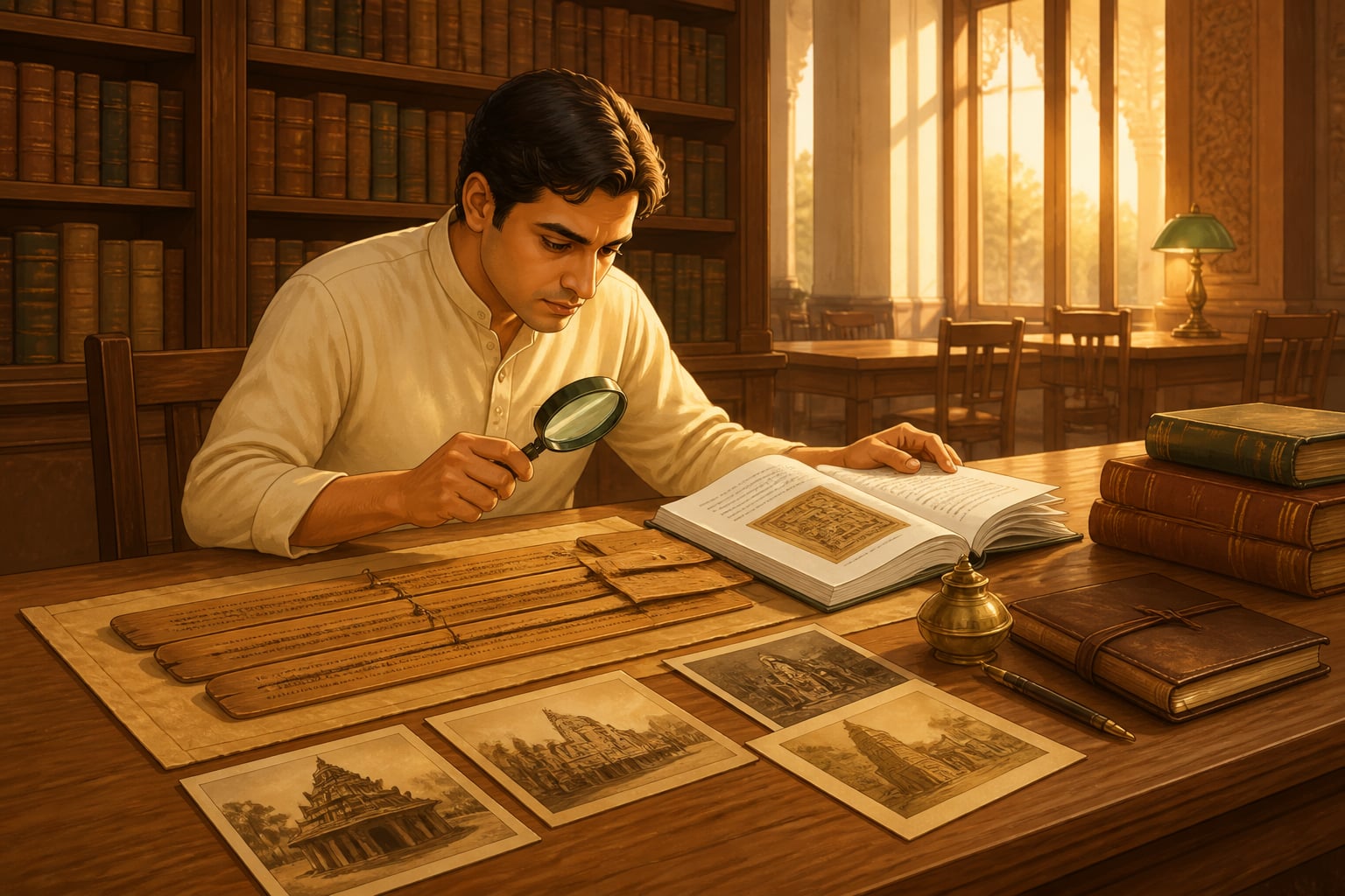 Scholar cross-referencing primary sources in a library