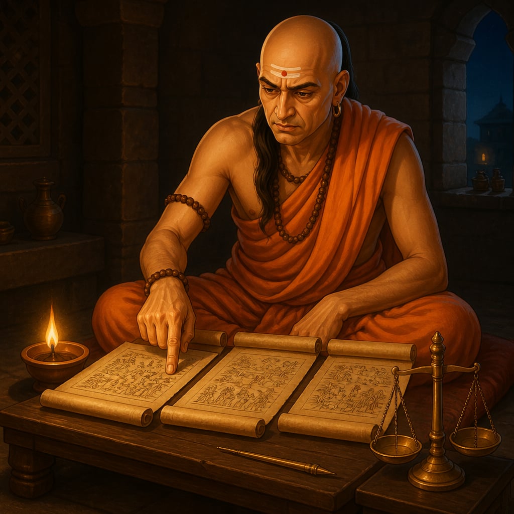 Chanakya cross-verifying three palm-leaf intelligence reports by lamp