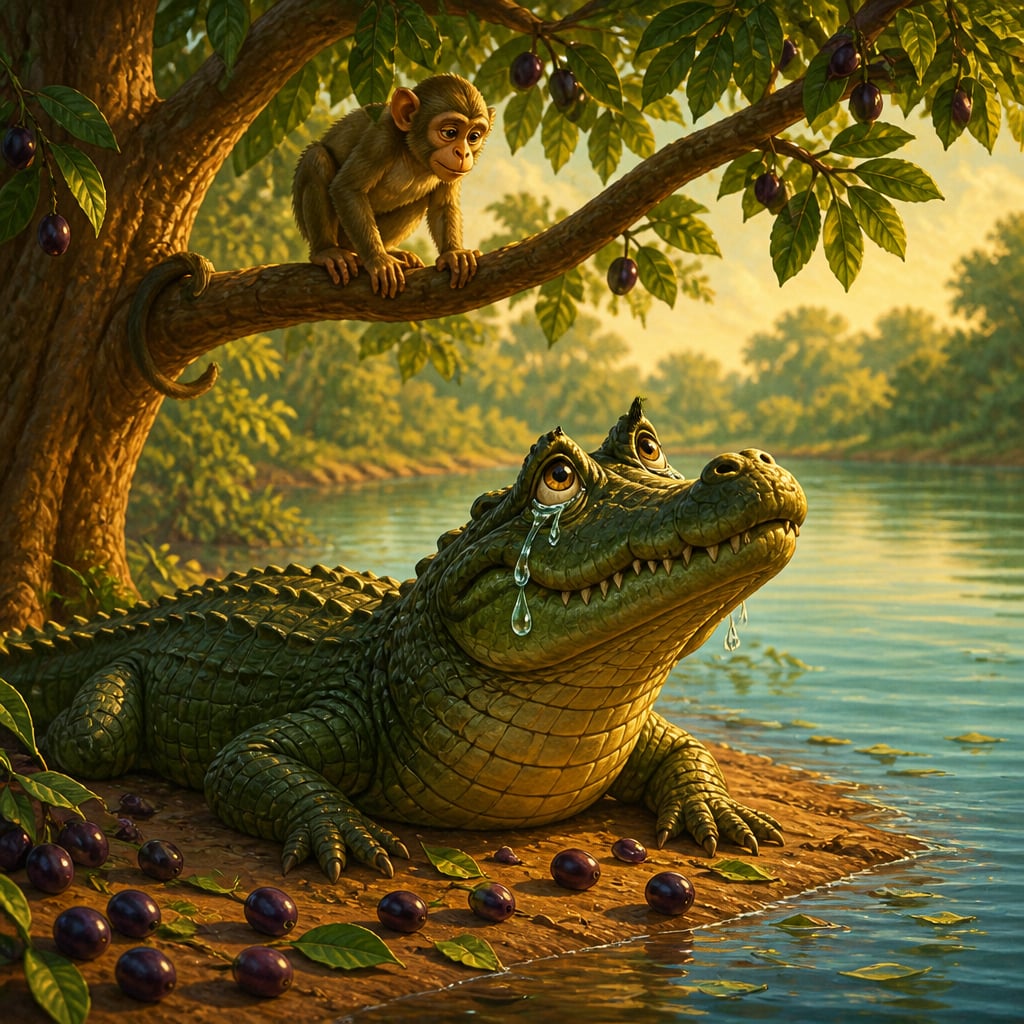 A river crocodile weeping false tears beneath a jamun tree as a watchful monkey looks down from a branch.