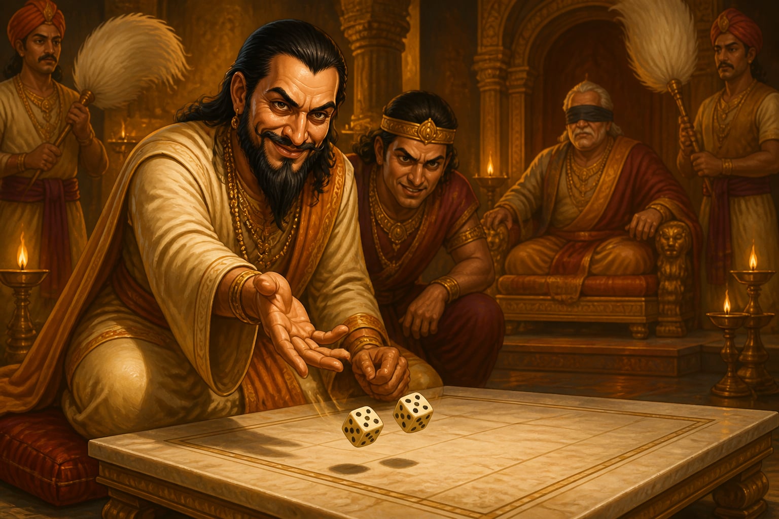 Shakuni casting the dice in the Hastinapura sabha