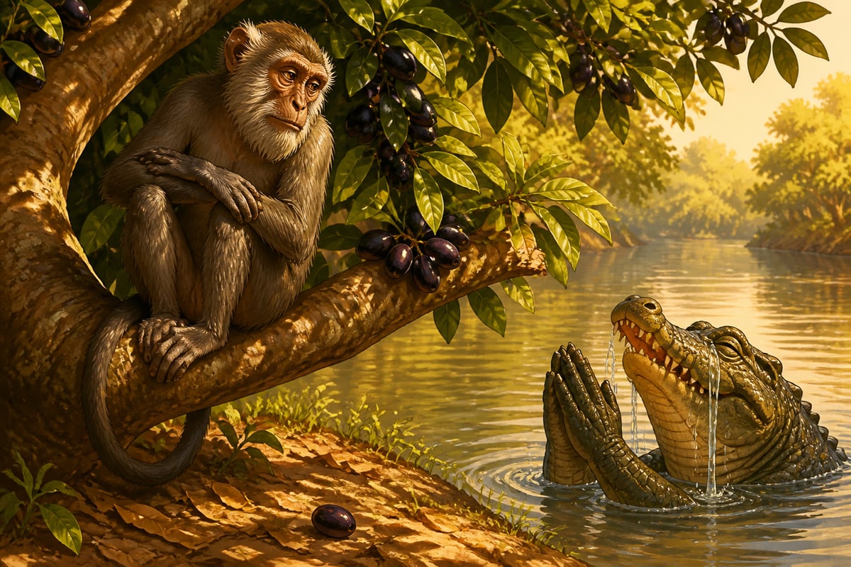 The wise monkey reading the crocodile's false tears from his jamun branch