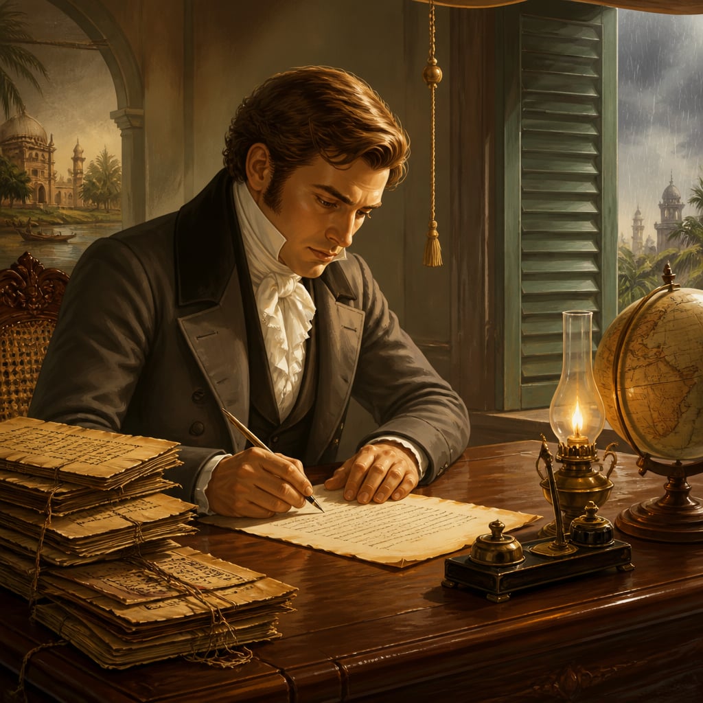 Thomas Macaulay in 1835 bending over his Minute on Education at a Calcutta colonial writing desk.