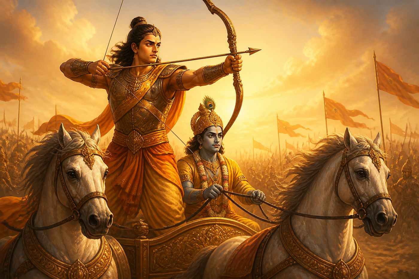 Arjuna risen with bow drawn after the Gita teaching