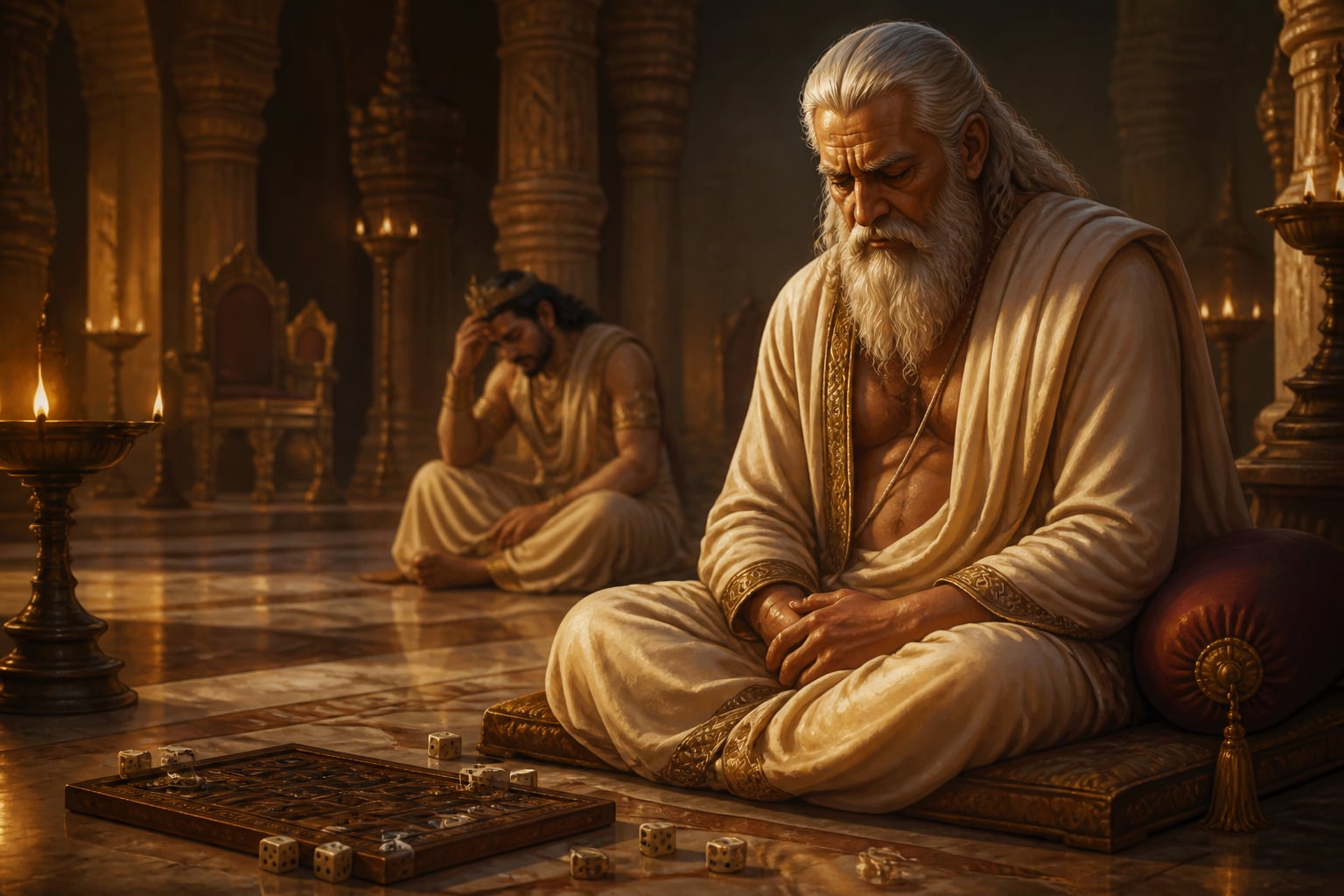 Bhishma sitting in stricken silence in the Hastinapura sabha