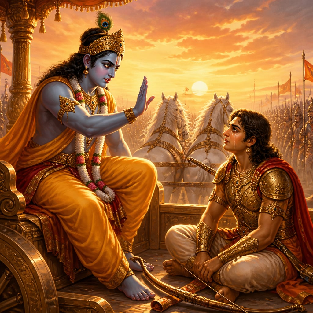 Krishna in his chariot at Kurukshetra turning sharply to rebuke a kneeling Arjuna at dawn.