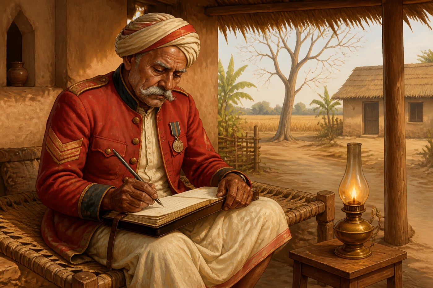 Sita Ram Pandey writing his sepoy memoir under a thatched verandah