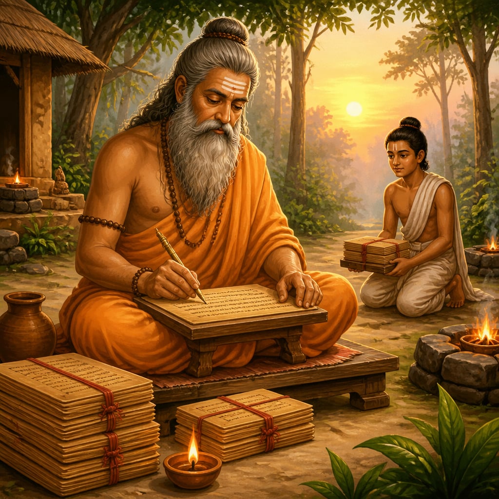 Sage Vyasa inscribing the Mahabharata on palm-leaves in his forest hermitage at dawn.
