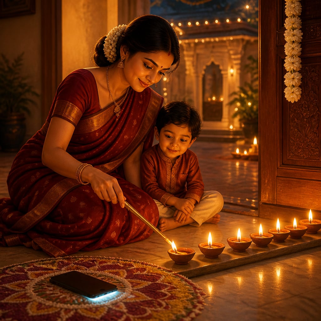 A Hindu woman lighting Diwali diyas at her home threshold with her young child watching.