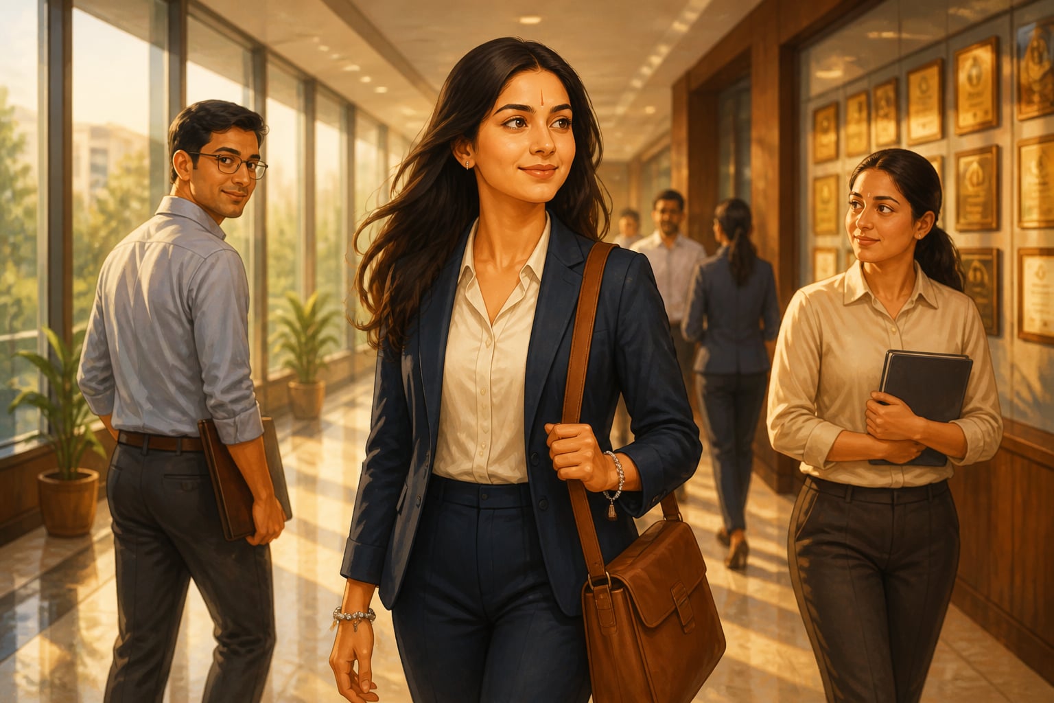 A young Hindu professional walking calmly through an urban office corridor