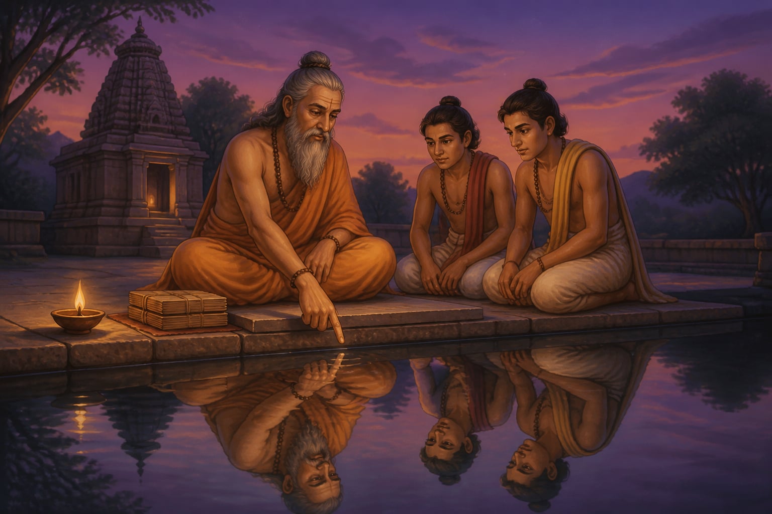 Patanjali demonstrating asmita with a reflection at a temple tank at dusk