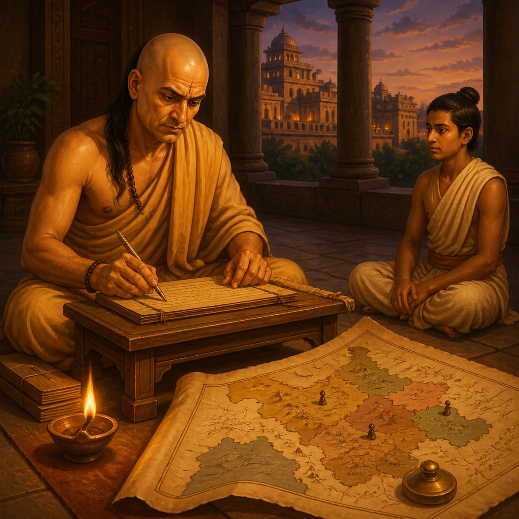 Chanakya at a wooden writing desk inscribing the Arthashastra chapter on reputation warfare.