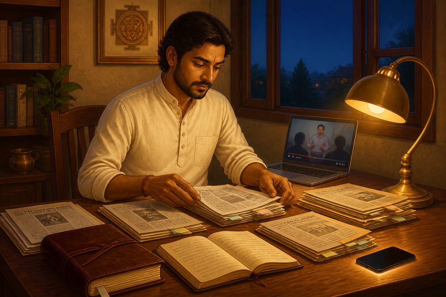 A composed scholar calmly organising documents at his desk