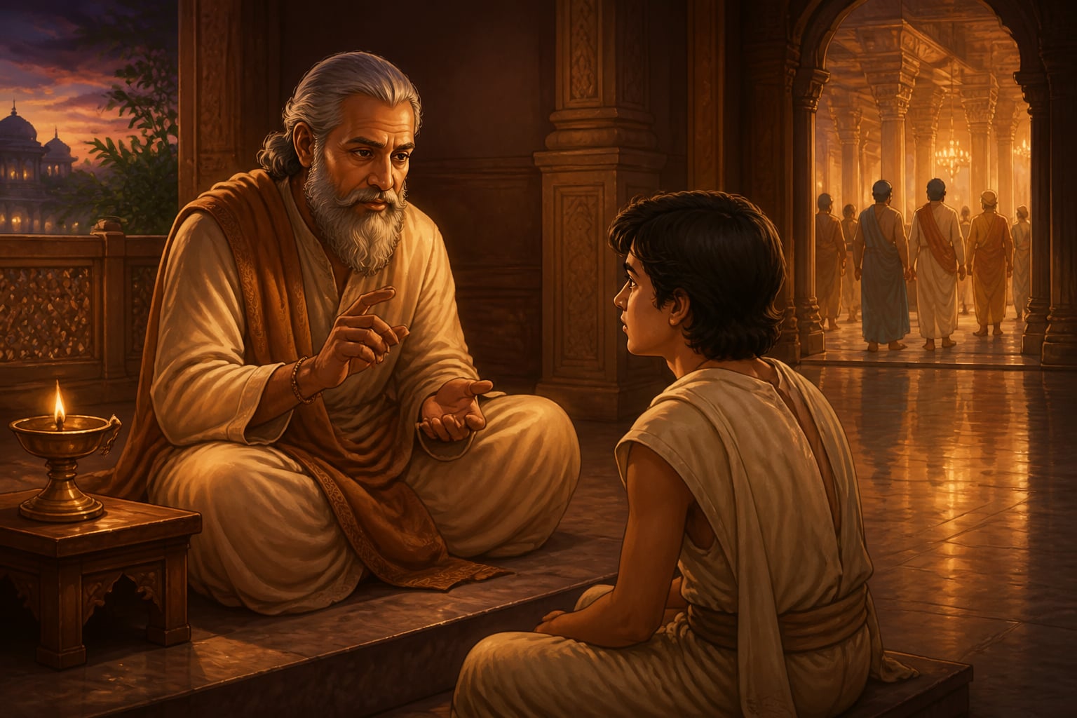 Vidura counselling a young listener in the palace anteroom