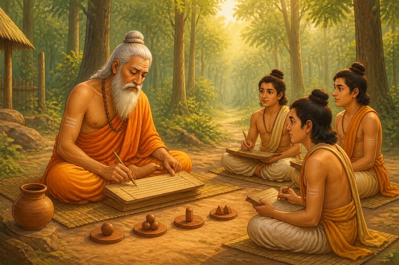 The sage Gautama composing the Nyaya Sutras and four pramanas