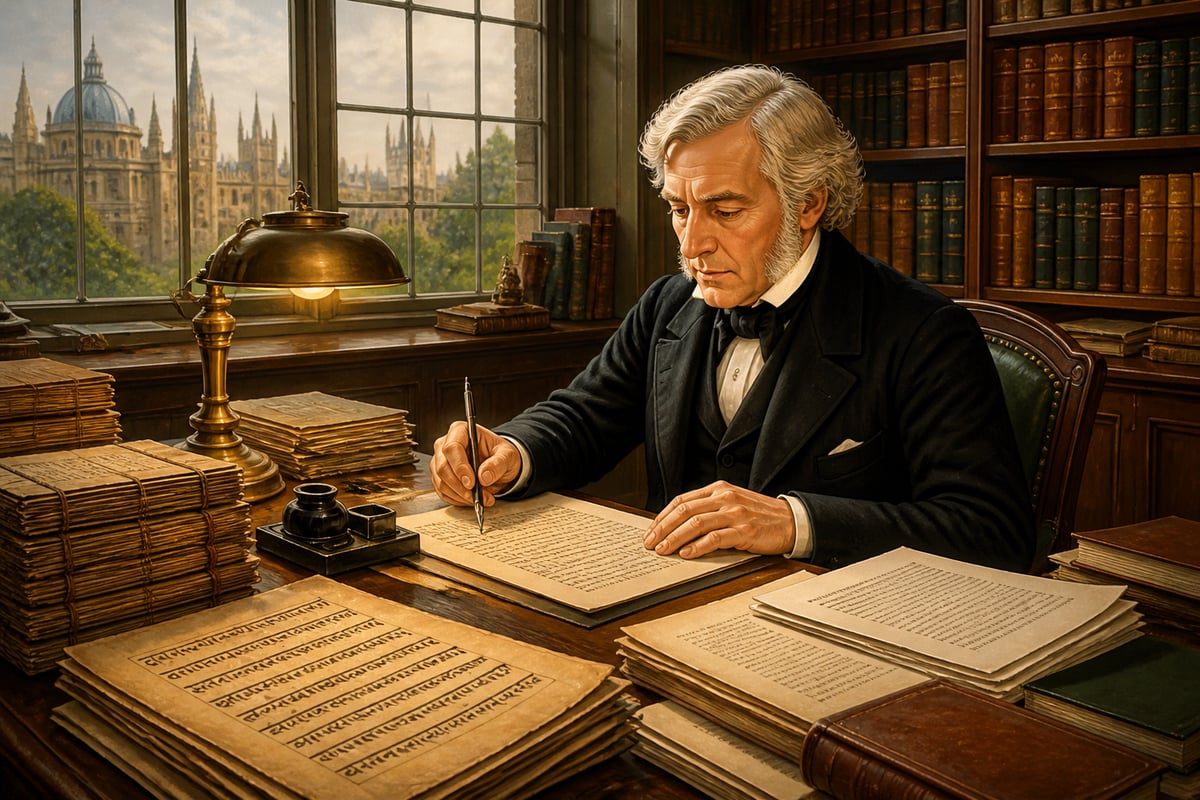 Max Müller editing Sanskrit translations at his Oxford desk