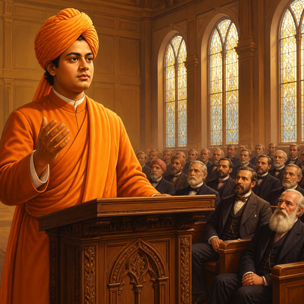 Swami Vivekananda addressing the 1893 World Parliament of Religions in Chicago.