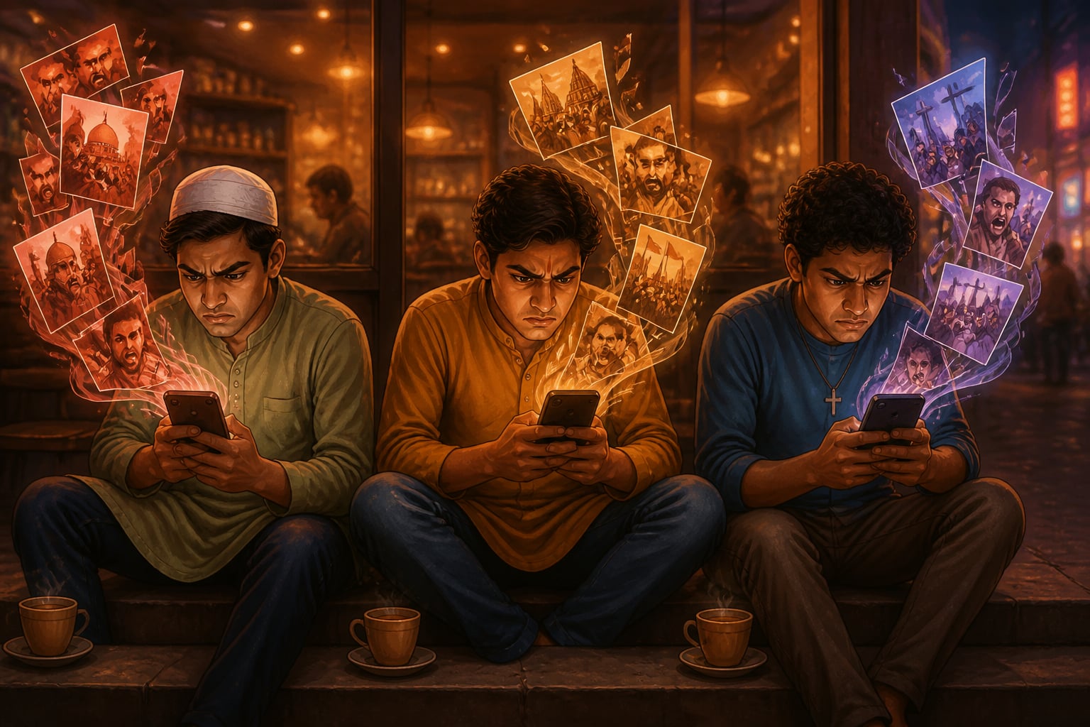Three friends fragmented inside outrage-curated phone feeds