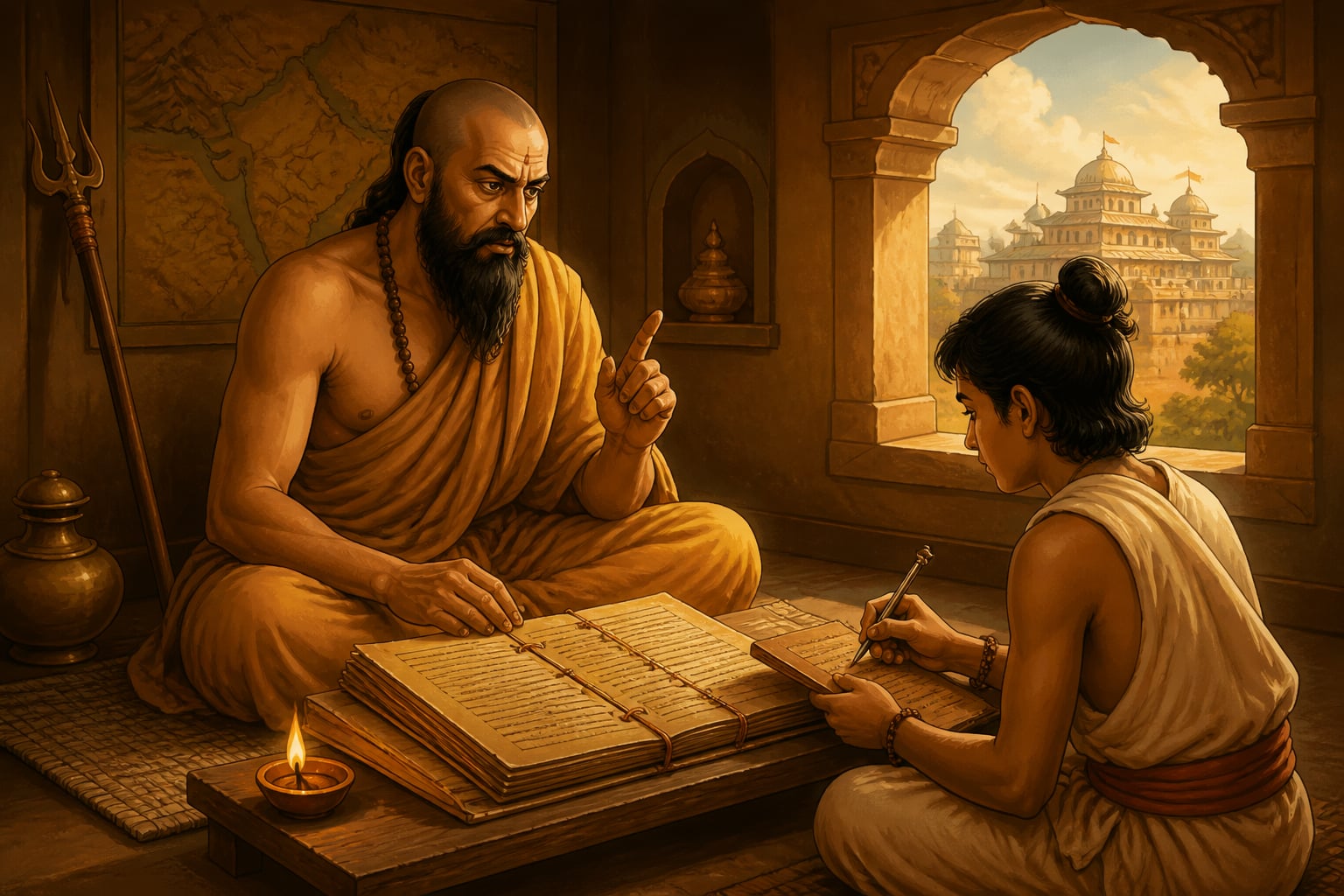 Chanakya dictates the Arthashastra passage on Bheda to a scribe