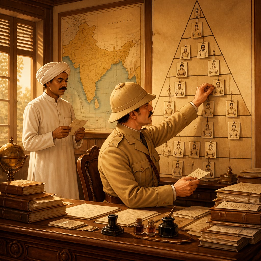 A British colonial census officer at his desk pinning Indian community names onto a rigid caste hierarchy in a 1901 Calcutta survey office