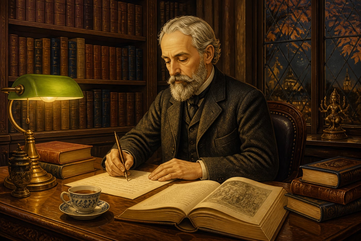 Max Müller at his Oxford desk drafting an admiring essay on the Upanishads