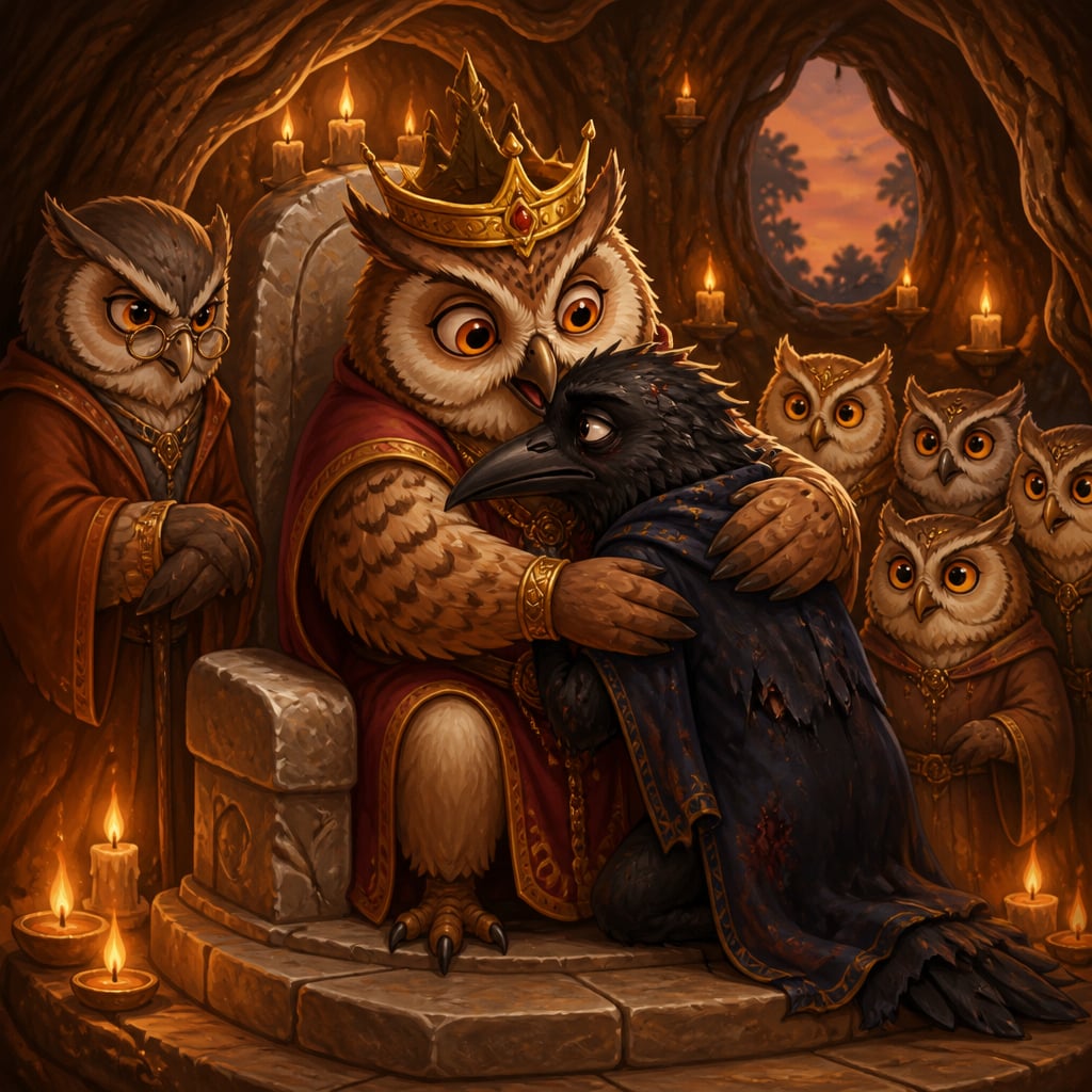 The owl king embraces the wounded crow minister Sthirajeevi inside a candlelit hollow tree fortress while the wise minister watches in silent warning