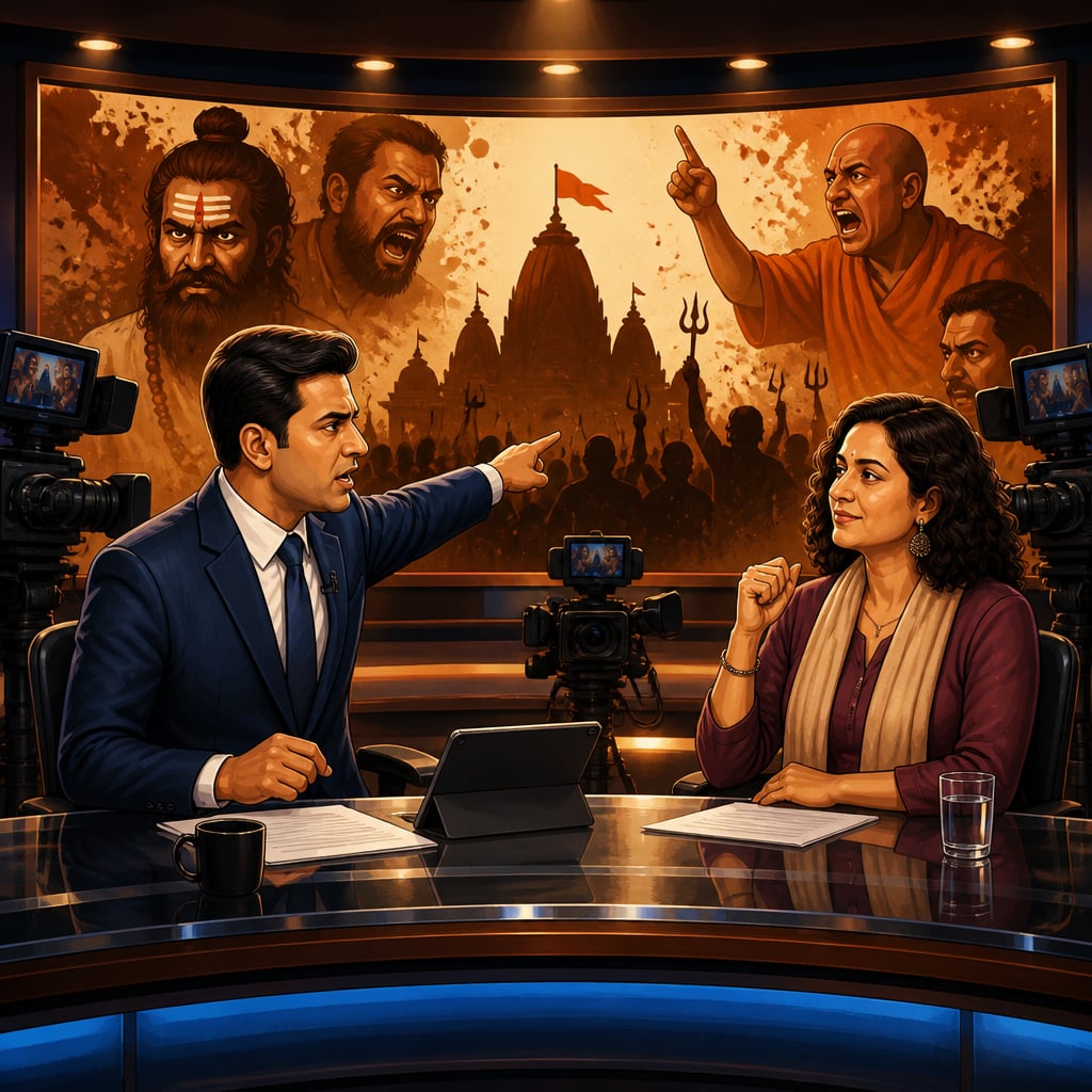 A polished prime time news anchor gestures toward an accusatory graphic about Hindu extremism beside a nodding activist guest in a glass studio