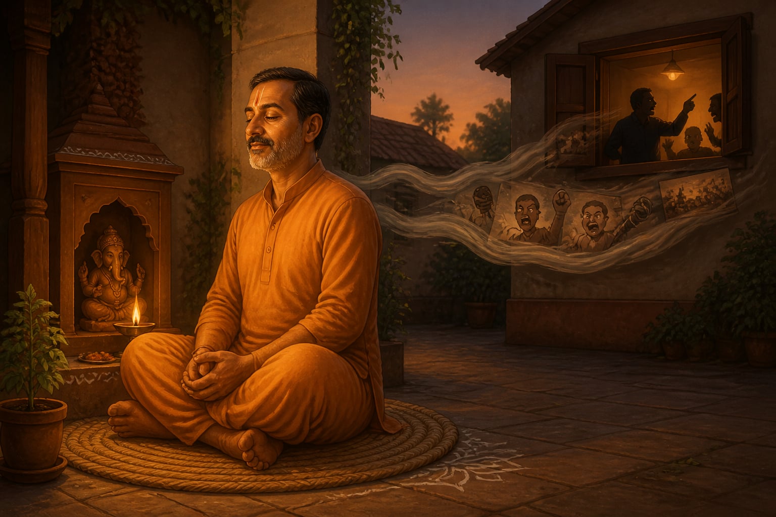 A Hindu seeker at a home shrine resting in Sthitaprajna equanimity