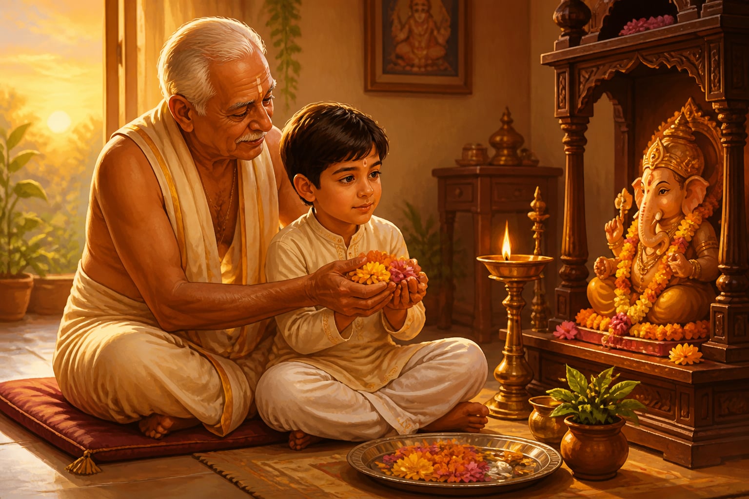 A grandfather teaches his grandson the household shrine gesture