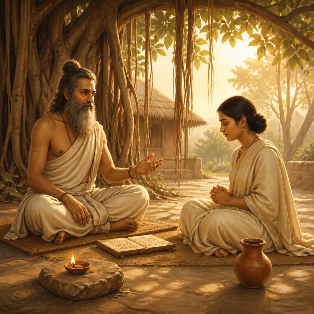 The sage Yajnavalkya transmits Self knowledge to his wife Maitreyi seated under a broad banyan tree at his forest ashram at dawn