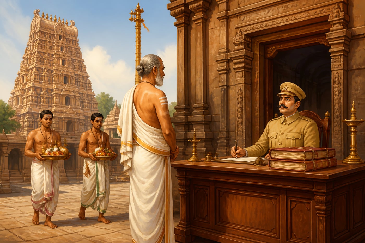 A colonial-era state officer seated at a desk in a captured temple courtyard