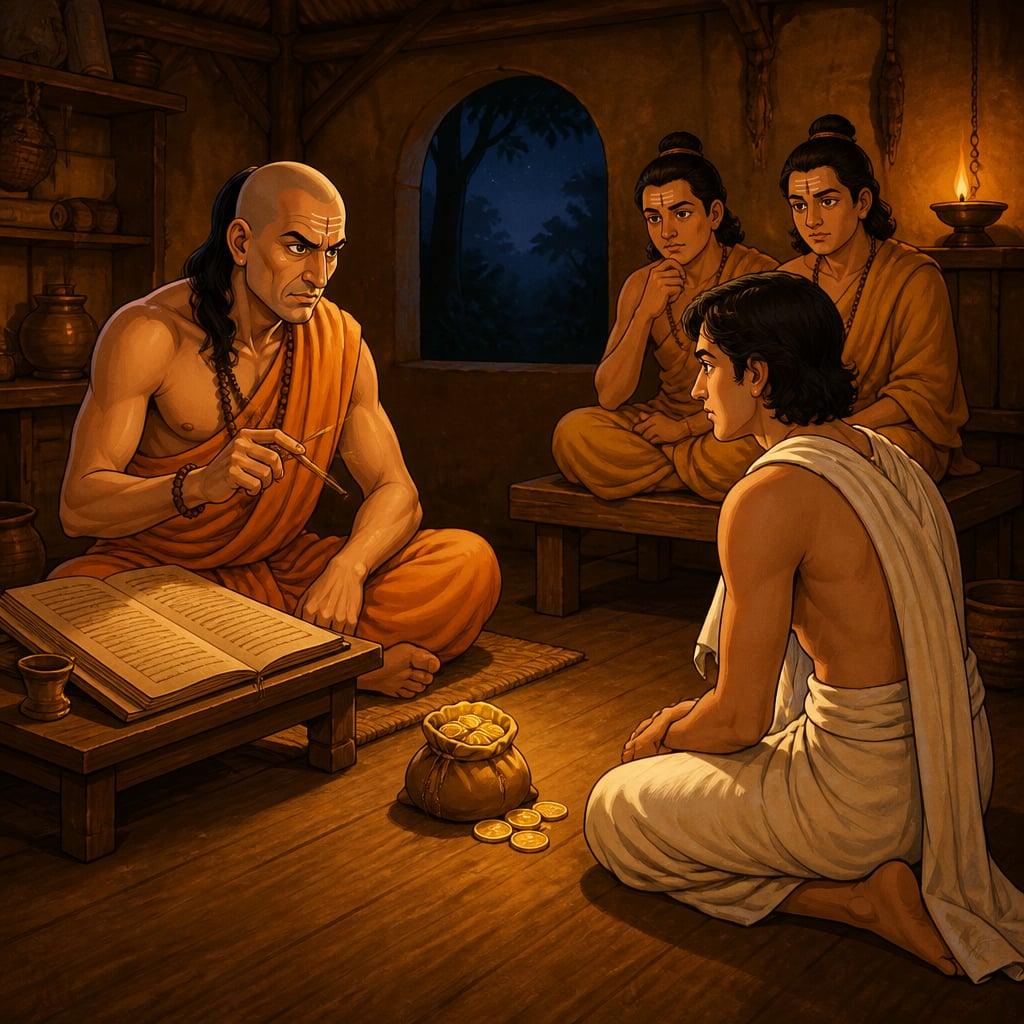 Chanakya seated in a lamplit forest hut testing a candidate kneeling before him