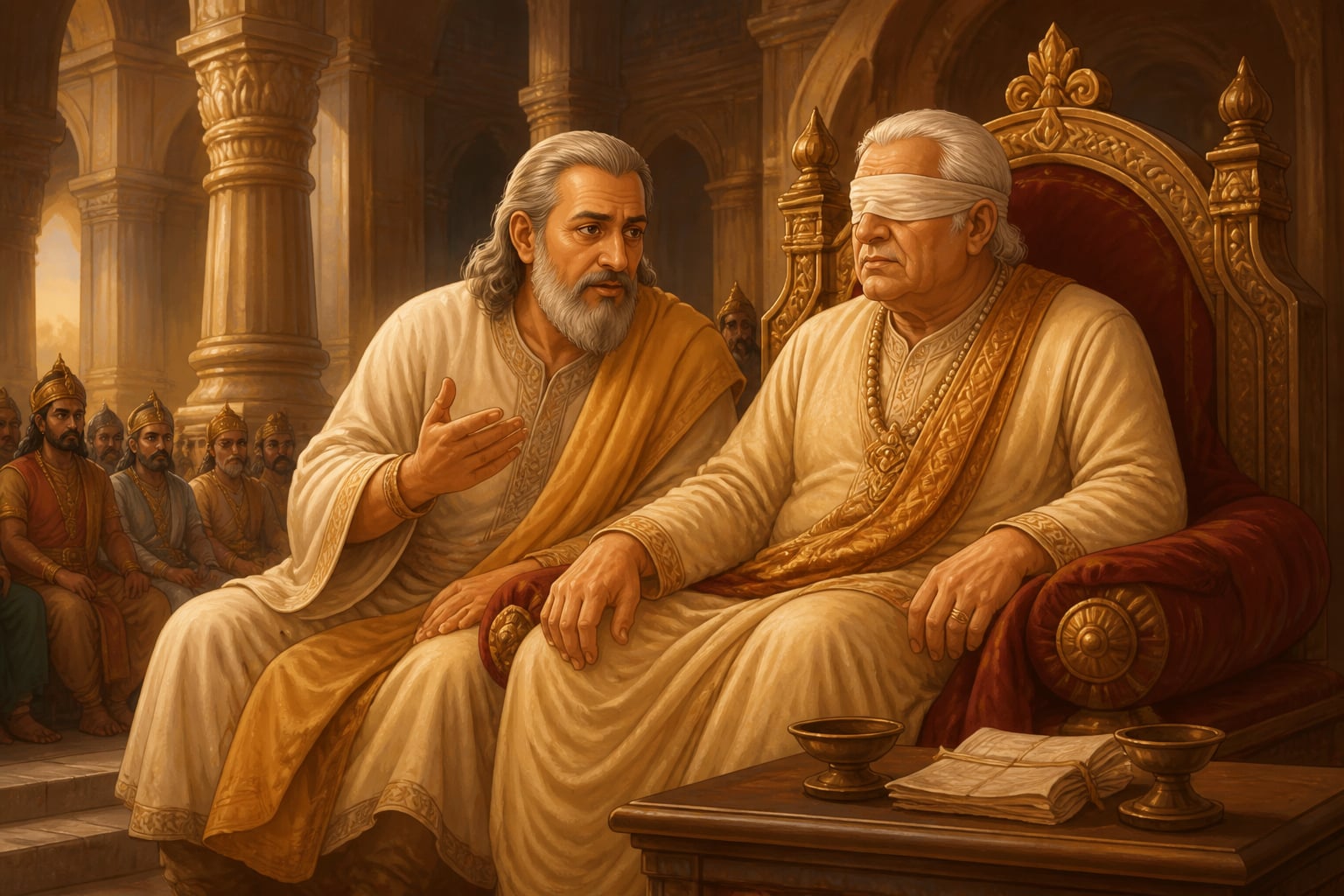 Vidura counseling the blind king Dhritarashtra in the Kuru sabha
