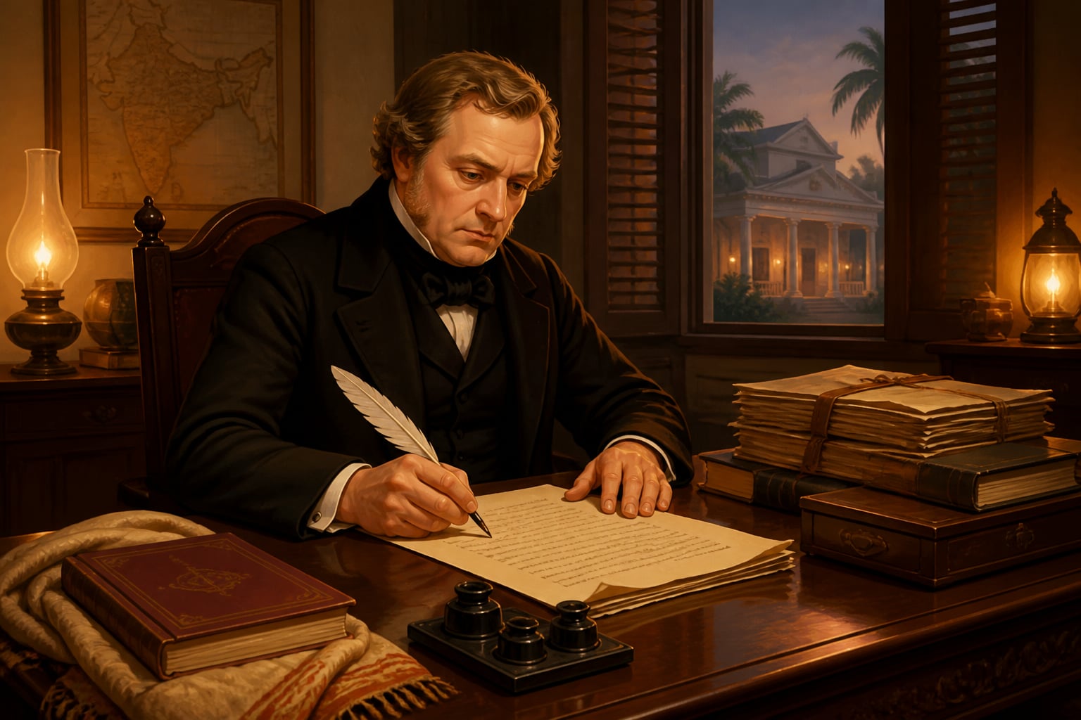 Macaulay drafting the Minute on Indian Education in his Calcutta study