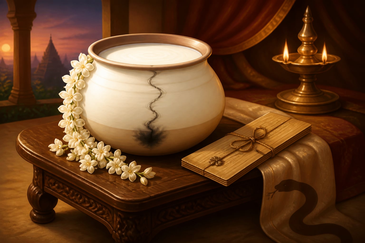 A clay vessel of milk laced with a hidden thread of poison