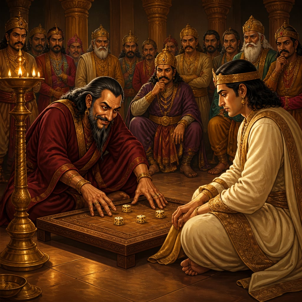 Shakuni crouched over loaded ivory dice in the Kuru sabha with a knowing smile
