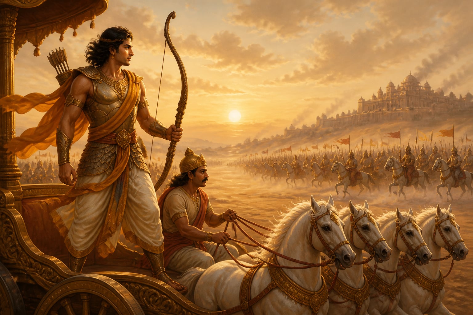 Arjuna in armour turning from the Kuru palace toward a real battle