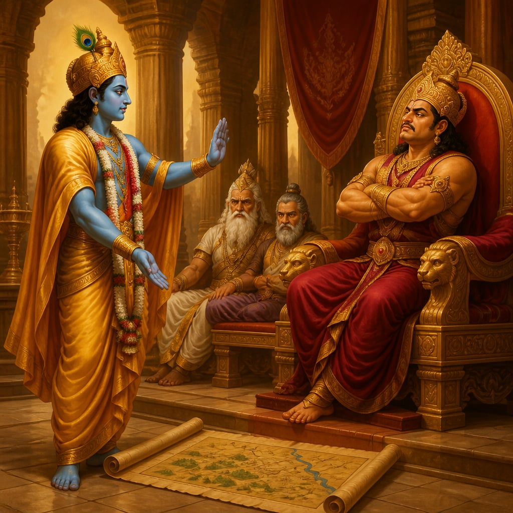 Krishna standing before Duryodhana's throne offering peace as envoy to the Kuru court